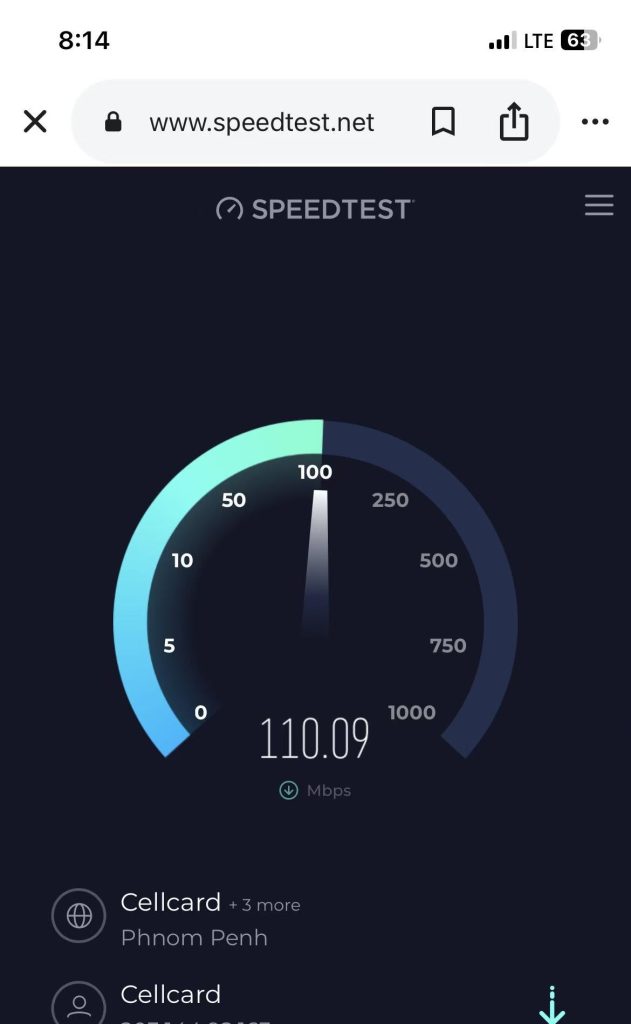 Mobile phone speed test using Cellcard 4G network showing 110 Mbps download speed.