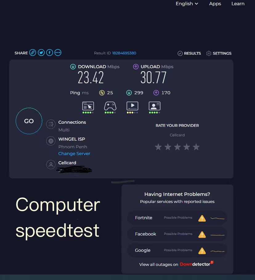 Internet speed test result on computer using Cellcard connection in Phnom Penh.