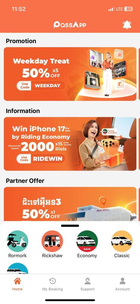 PassApp tuk-tuk booking app interface in Cambodia showing local ride options.