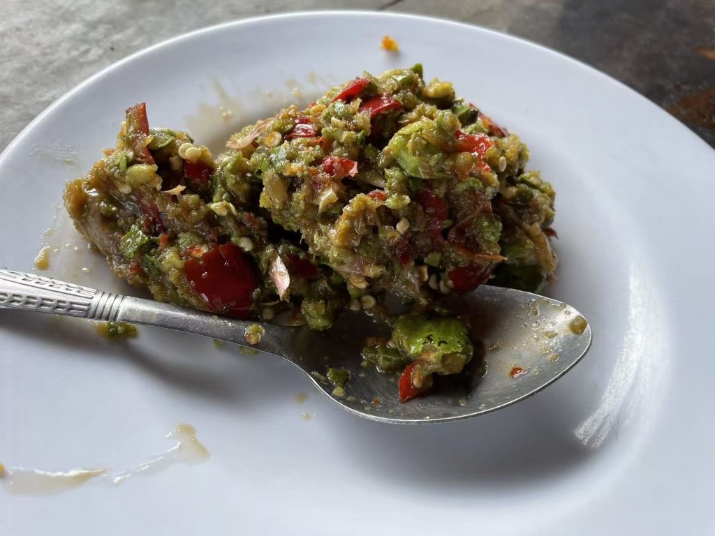 Cambodian green chili paste with roasted peppers and garlic.