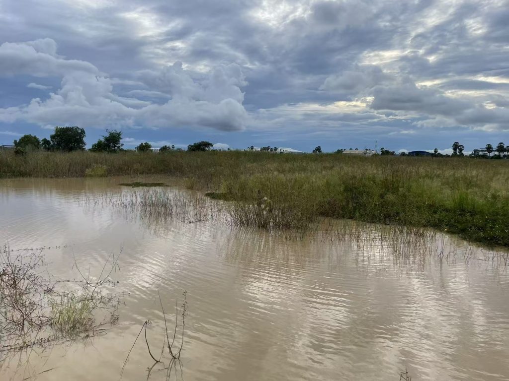 Phnom Penh suburban area with water fields under cloudy sky, reflecting land development in Cambodia
